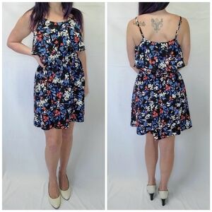 Elle Red White & Blue Floral Popover Tiered Scoop Neck Adjustable Strap Sundress